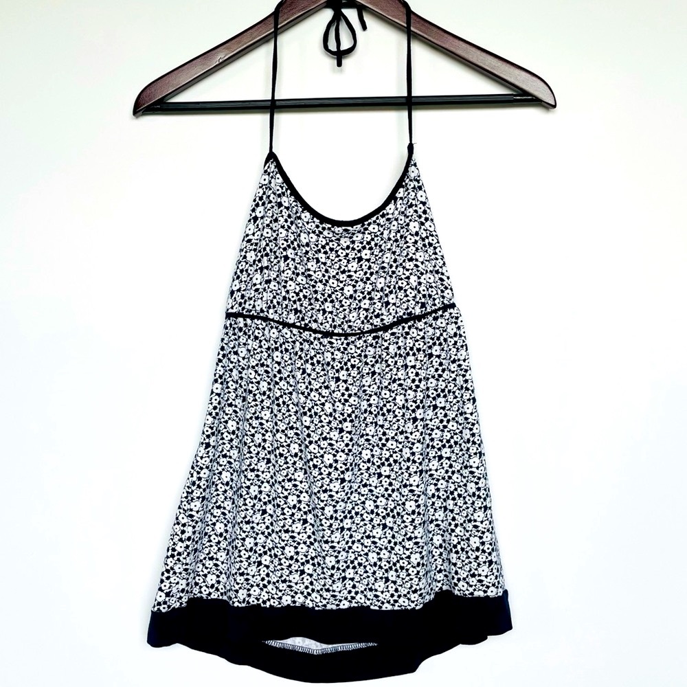 Ann Taylor Halter Babydoll Top Navy Blue Floral Sm